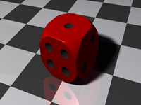 A dice created from cubes and spheres using boolean operations.