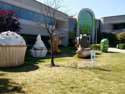 Android versions statutes in front of main Android building.