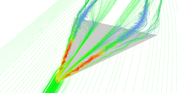 Stream line visualization o air flow around delta wing.