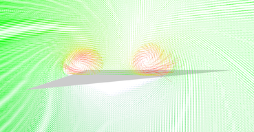 Line glyphs reveal two vortices above the sides of the wing.
