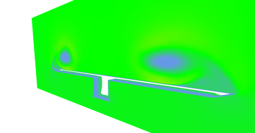 Vector field magnitudes near the end of the wing. Wing itself is not shown which reveals box under the wing. Notice that wind is slower near the surface of the wing.