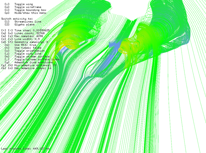 2^15 stream lines for 2^12 steps using adaptive algorithm took 450 ms.
