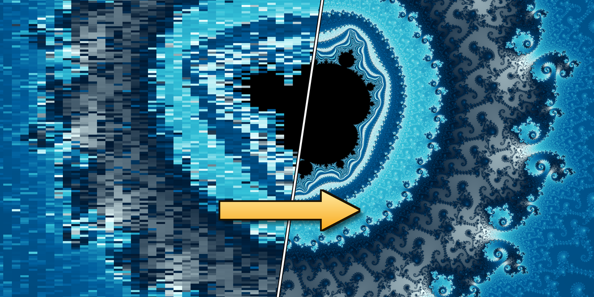 The same deep Mandelbrot view rendered twice, split down the middle: the left half quantized into flat blocks by plain double precision, the right half sharp in double-double.