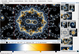 Basic interface, dockable windows, gradient editor on the bottom, saved areas on the right.