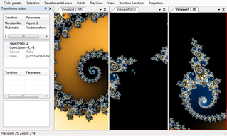 Interface showing the Mandelbrot set (left) that generates a Julia set (middle) which is then projected using a Mercator-like projection (right).